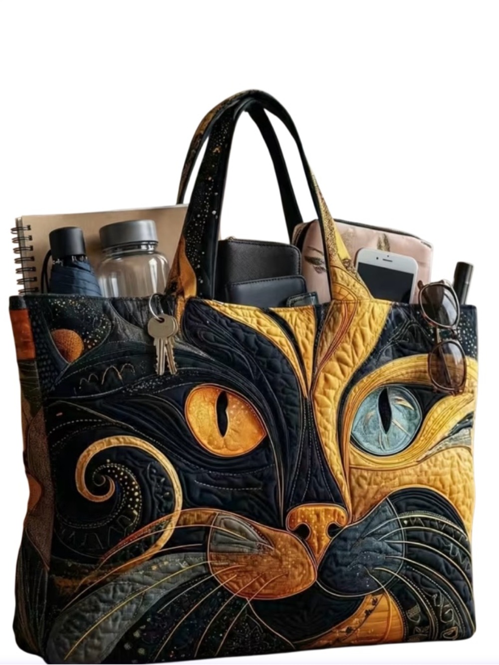 NEW Quilted Extra Large Cat Travel Tote Bag Black Orange - Picture 2 of 8